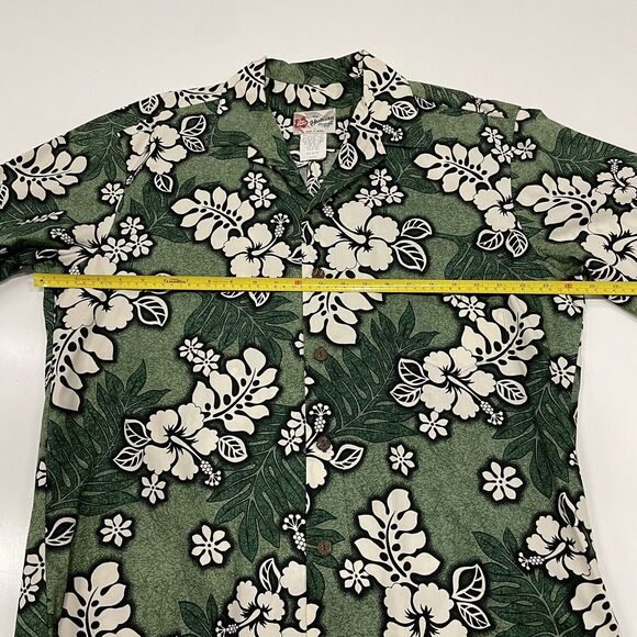 Hilo Hattie Men’s Hawaiian Shirt Green White Hibiscus Print Button Up Size Large - Picture 5 of 6